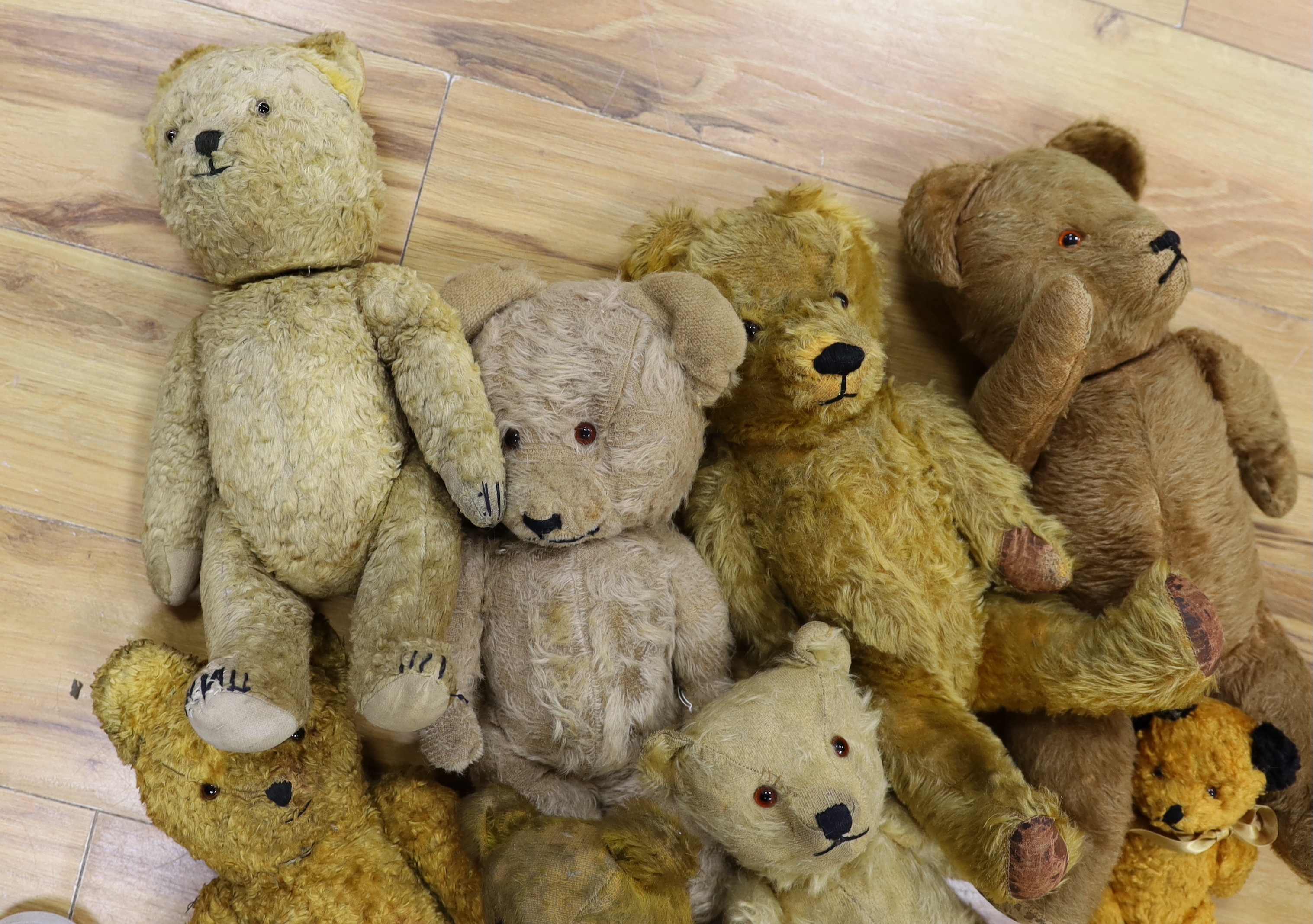 Eight bears, including a 1930's German with inserted ears, all for restoration (8)